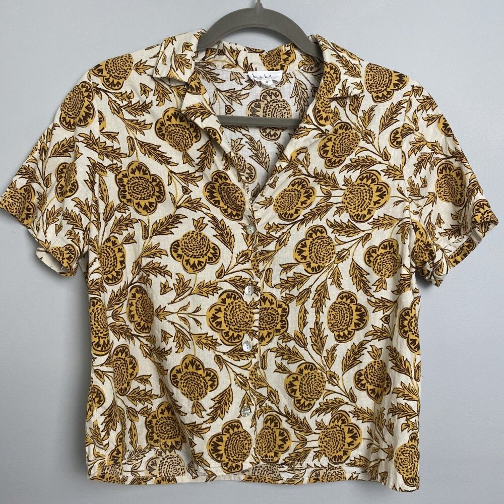Nicole Miller New York Mustard Floral Linen Blend Button-Up Camp Blouse Size S